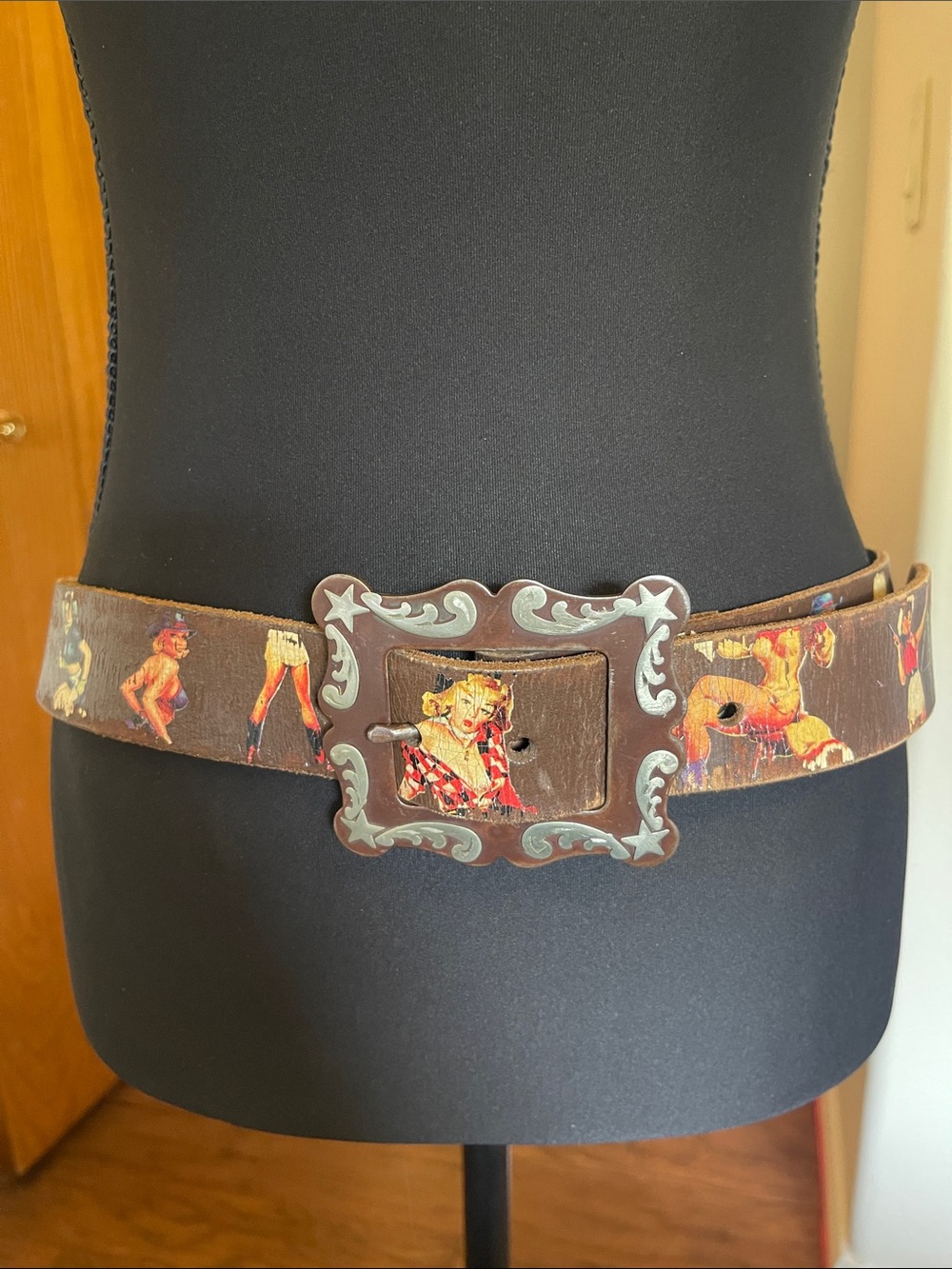 Vintage Inspired Pinup Print Leather Belt with Decorative Buckle size 34